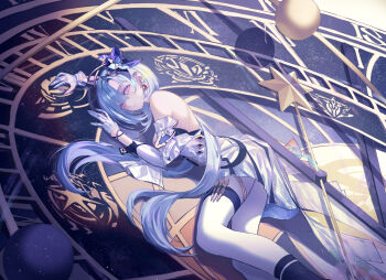 Rule 34 | 1girl, absurdres, analog clock, bare shoulders, blue dress, blue hair, breasts, clock, detached sleeves, dress, earrings, flower, gloves, griseo, griseo (cosmic expression), hair between eyes, hair flower, hair ornament, highres, honkai (series), honkai impact 3rd, jewelry, long hair, looking at viewer, lying, neon (pixiv 31150749), official art, on side, pen, purple eyes, second-party source, solo, thighhighs, white gloves, white thighhighs