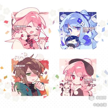 1boy 3girls :d @_@ ^_^ absurdres black_hat blue_hair blue_shirt blunt_bangs blush brown_hair closed_eyes closed_mouth commission green_eyes green_shirt hair_ornament hair_over_one_eye hairclip hands_up hat highres long_hair long_sleeves looking_at_viewer meimei_(wakamoid) mihuashi_username multiple_girls open_mouth original parallel_hairclips parted_bangs pink_hair pink_shirt pom_pom_(clothes) portrait purple_eyes red_eyes shirt short_hair smile sweat thank_you twitter_username v-shaped_eyebrows white_hat