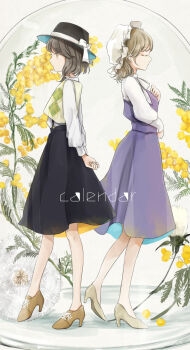 2021 2girls arms_behind_back back-to-back black_hat black_skirt blonde_hair bow brown_eyes brown_hair calendar_(medium) closed_eyes collar dress facing_away flower garter_straps hair_between_eyes hair_bow hand_on_own_chest hat hat_bow high_heels highres long_dress long_sleeves march maribel_hearn mimosa_(flower) mob_cap multiple_girls poteimo_(poteimo622) purple_dress shirt short_hair skirt sleeve_cuffs standing touhou usami_renko white_background white_bow white_collar white_hat white_shirt
