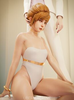 2girls 3d absurdres artist_name blonde_hair bracelet gold_bracelet hand_on_another's_head highres jacket jewelry kate_marsh leotard life_is_strange_(series) life_is_strange_1 looking_at_viewer multiple_girls pants pink_nails pink_shirt shirt solo_focus strapless strapless_leotard ubermachine white_jacket white_leotard white_pants