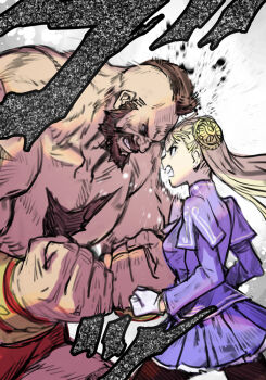 1boy 1girl beard biceps blonde_hair capcom_fighting_jam chest_hair clenched_teeth facial_hair forehead-to-forehead glaring hairpods heads_together hungry_clicker ingrid_(capcom) mohawk muscular muscular_male street_fighter street_fighter_6 tall_male teeth topless_male zangief