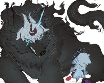 1girl animal animal_ears apple arrow_(projectile) arrow_in_body arrow_in_head black_fur black_mask blue_eyes body_fur fiora_(na1su) food fruit furry furry_female kindred_(league_of_legends) lamb_(league_of_legends) league_of_legends mask nervous_sweating object_through_head oversized_animal sheep_ears sheep_girl sheep_tail simple_background size_difference sweat tail white_background white_fur white_mask wolf wolf_(league_of_legends)