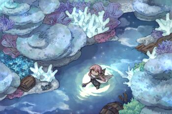 1girl barrel black_coat cloud coat coral crab fantasy from_above full_body hair_between_eyes highres holding holding_staff koki08186863 long_hair looking_up night original outdoors purple_hair reflection reflective_liquid ripples smile solo staff star_(symbol) treasure_chest walking walking_on_liquid water wide_shot