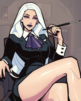Rule 34 | 1girl, ascot, black jacket, black skirt, cigarette holder, collared shirt, crossed legs, david goujard, green eyes, horror in hongdae, indoors, jacket, long hair, looking at viewer, purple ascot, shirt, sitting, skirt, solo, white hair, white shirt