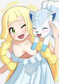 1girl ;d alolan_form alolan_vulpix blonde_hair blush breasts collarbone commentary_request downblouse dress eyelashes gen_7_pokemon green_eyes hand_up happy highres lillie_(pokemon) long_hair nintendo one_eye_closed open_mouth pokemon pokemon_(creature) pokemon_sm qdhtn0flcv994 sleeveless sleeveless_dress smile white_dress