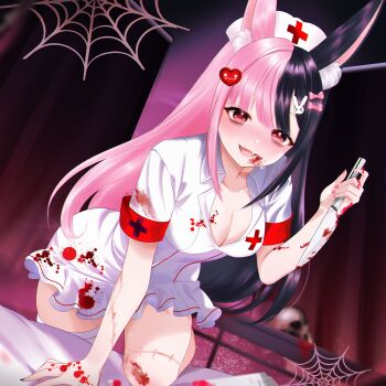 1girl animal_ear_fluff animal_ears black_hair blood blood_on_clothes blood_on_face blood_on_hands bloody_knife blush breasts cleavage commentary dress english_commentary fang hair_ornament hat heart heart_hair_ornament highres holding holding_knife indie_virtual_youtuber knife long_hair looking_at_viewer marshie_(vtuber) medium_breasts mejroong multicolored_hair nurse nurse_cap open_mouth pink_hair rabbit_ears rabbit_girl red_eyes second-party_source short_sleeves silk skin_fang smile solo spider_web split-color_hair swept_bangs two-tone_hair virtual_youtuber white_dress white_hat