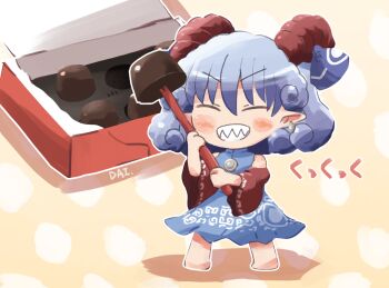 Rule 34 | 1girl, bare shoulders, barefoot, blue dress, blue hair, blue ribbon, blush stickers, chibi, chibi only, chocolate, closed eyes, commentary request, curly hair, detached sleeves, dress, earrings, food, full body, grin, hair between eyes, holding, holding food, horn ornament, horn ribbon, horns, jewelry, long sleeves, pointy ears, polka dot, polka dot background, red horns, red sleeves, ribbon, rokugou daisuke, short hair, signature, smile, solo, standing, touhou, toutetsu yuuma, v-shaped eyebrows, wide sleeves, yellow background