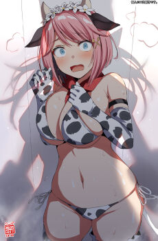 1girl 2025 animal_ears animal_print artist_name bare_shoulders belko bikini blue_eyes blush breasts character_request cleavage copyright_request cow_ears cow_horns cow_print cow_print_bikini cow_print_gloves cow_print_thighhighs dated female_focus fork_hair_ornament gloves hair_between_eyes hair_ornament highres horns large_breasts looking_at_viewer navel open_mouth pink_hair print_bikini print_gloves print_thighhighs red_scarf scarf shadow solo spoon_hair_ornament sweat swimsuit thighhighs thighs tongue watermark