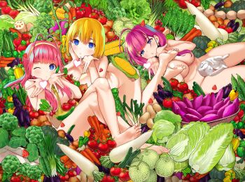 Rule 34 | 3girls, absurdres, ahoge, bare shoulders, barefoot, blonde hair, blue eyes, breasts, cabbage, carrot, convenient censoring, food, fruit, hairband, heart, highres, large breasts, long hair, medium hair, multiple girls, nude, one eye closed, original, pink hair, purple hair, radish, spoken heart, strawberry, tomato, vegetable, vegetable garden of twins, yellow hairband, yumeno tanuki