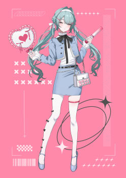 1girl absurdres aqua_hair bag belt black_belt black_bow black_ribbon blue_jacket blue_shoes blue_skirt bow buttons commentary_request cropped_jacket fashion full_body grey_eyes hair_between_eyes hair_ornament hairband hairclip handbag hatsune_miku heart_button highres holding holding_hair_straightener holding_mirror jacket long_hair long_sleeves looking_at_viewer maria_(syake-uni) miniskirt mirror open_clothes open_jacket pantyhose parted_lips pink_background red_pupils ribbon shirt shoes sidelocks simple_background skirt solo standing thigh_strap twintails vocaloid white_background white_bag white_hairband white_pantyhose white_shirt