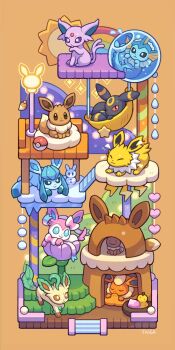 :3 animal_focus animal_hands berry_(pokemon) black_eyes black_fur blue_eyes blue_fur bow brown_background brown_eyes brown_fur ditto eevee espeon facial_mark fins fish_tail flareon forehead_jewel forehead_mark full_body gen_1_pokemon gen_2_pokemon gen_4_pokemon gen_6_pokemon glaceon green_fur head_fins highres jolteon kayama_taiga leaf leafeon looking_at_viewer lying neck_fur nintendo no_humans orange_fur pecha_berry pink_fur poke_ball pokemon pokemon_(creature) pokemon_focus purple_eyes purple_fur red_eyes ribbon sidelocks simple_background sitrus_berry sitting sleeping spiked_tail standing sylveon tail transformed_ditto umbreon vaporeon white_fur yellow_fur