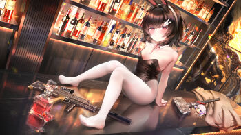 1girl animal_ear_hairband animal_ears bare_shoulders black_hair black_leotard blush bottle breasts chen_bin chinese_commentary closed_mouth collar commentary_request detached_collar fake_animal_ears full_body hair_between_eyes hair_ornament hairband hammer highres leotard looking_at_viewer medium_hair no_shoes original pantyhose playboy_bunny rabbit_ears rabbit_hair_ornament red_eyes sitting small_breasts solo weapon_request white_collar white_hairband white_pantyhose wine_bottle