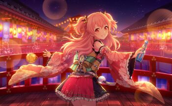 Rule 34 | 1girl, back bow, backlighting, blurry, bokeh, bottle, bow, bridge, colorful palette, depth of field, detached sleeves, floral print sleeves, frilled skirt, frills, game cg, green bow, grin, highres, holding, holding bottle, momoi airi, natsu matsuri narihibiku oto wa (project sekai), night, official alternate costume, official art, pink eyes, pink hair, pink skirt, project sekai, ramune, skirt, smile, solo, sparkle, teeth, third-party source, two side up, wide sleeves, yellow bow