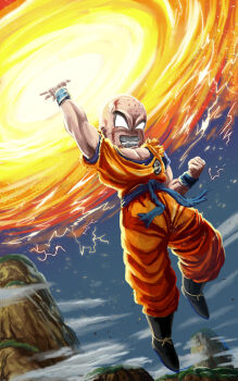 1boy anger_vein angry bald bald_male blood blood_on_face cloud cloudy_sky dragon_ball flying highres kienzan kuririn lightning mountain muscular muscular_male powering_up sky solo torn_clothes