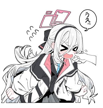 >_< 1girl 1other absurdres arms_at_sides black_bow black_hairband black_vest blue_archive blue_necktie blush_stickers bow cheek_pinching clenched_hands collared_shirt commentary double-parted_bangs flying_sweatdrops grey_skirt hair_between_eyes hair_bow hairband half_updo halo highres jacket kei_(blue_archive) kei_(new_body)_(blue_archive) leaning_forward long_hair long_hair_between_eyes miniskirt necktie open_clothes open_jacket open_mouth pinching pink_halo pleated_skirt rectangular_halo school_uniform shirt sidelocks simple_background skirt solo_focus speech_bubble sweatdrop translated v-shaped_eyebrows very_long_hair vest wavy_mouth white_background white_hair white_jacket white_shirt wujurana