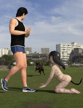 1boy 1girl 3d absurdres age_difference artist_request bdsm black_hair blush breasts butt_plug daz dirty dog highres kneeling nude sex_toy small_breasts sportswear tail