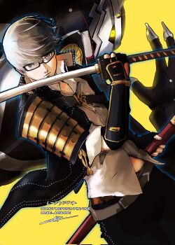 Rule 34 | 1boy, arm up, armor, belt, black-framed eyewear, black pants, closed mouth, collared shirt, commentary request, dutch angle, glasses, grey belt, hashtag-only commentary, highres, holding, holding sword, holding weapon, japanese armor, katana, looking at viewer, male focus, narukami yu, open collar, pants, persona, persona (summon), persona 4, persona 4 revival, rae ariadne, rectangular eyewear, scabbard, school uniform, sheath, shirt, swept bangs, sword, watermark, weapon, white hair, white shirt, yasogami school uniform, yellow background, yellow eyes
