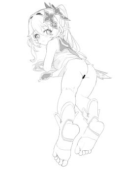 1girl absurdres ass bar_censor censored commentary_request djheycha from_behind genshin_impact hair_ornament highres loli long_hair looking_at_viewer looking_back nahida_(genshin_impact) side_ponytail sketch soles solo toes