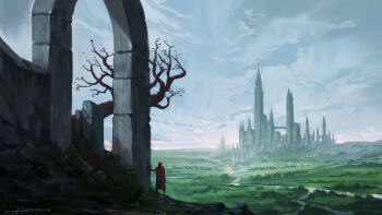1other arch bare_tree castle cloak cloud cloudy_sky commentary english_commentary field from_behind grass hood hooded_cloak jjcanvas landscape medieval original painterly red_cloak rock scenery signature sky standing tower tree watermark web_address