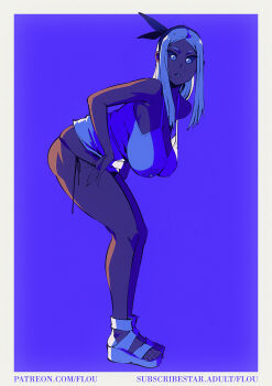 1girl bent_over black_hairband black_sclera blue_eyes bow_hairband breasts caught colored_sclera commentary constricted_pupils covered_erect_nipples dark-skinned_female dark_skin english_commentary flou_(flou_art) from_side full_body hairband hanging_breasts highres huge_breasts long_hair looking_at_viewer no_bra original panties panty_pull parted_hair platform_footwear platform_sandals pulling_own_clothes purple_background sandals see-through_clothes see-through_shirt shirt side-tie_panties sidelighting solo stella_(flou) strap_gap tank_top toeless_footwear underwear very_dark_skin watermark web_address white_hair white_sandals white_tank_top