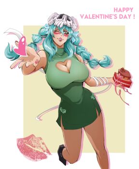 Rule 34 | 1girl, bare shoulders, bleach, blowing kiss, border, breasts, candy, chocolate, chocolate heart, cleavage, cleavage cutout, clothing cutout, espada, facial mark, female focus, green hair, happy valentine, heart, hollow mask, large breasts, lipstick mark, long hair, mask, mask on head, nelliel tu odelschwanck, one eye closed, scar, scar on face, simple background, skull on head, standing, veeepawoon, white border, wink, yellow eyes