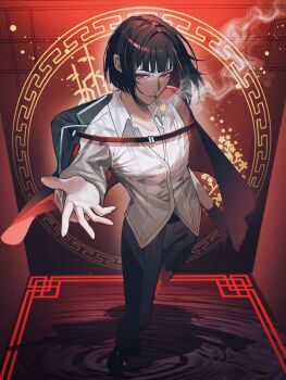 Rule 34 | 1girl, belt, black belt, black gloves, black hair, black jacket, black pants, black shoes, blunt bangs, blunt ends, cigarette, closed mouth, collared shirt, commentary request, empty eyes, floating clothes, full body, gloves, half-closed eyes, hand up, highres, jacket, lapels, limbus company, lips, long sleeves, looking at viewer, open clothes, open jacket, pants, project moon, puffy long sleeves, puffy sleeves, red background, red belt, red eyes, red jacket, red theme, reo (mmocc123), ryoshu (project moon), seigaiha, shadow, shirt, shoes, short hair, single glove, smoke, smoking, solo, standing, two-sided fabric, two-sided jacket, v-shaped eyebrows, white shirt