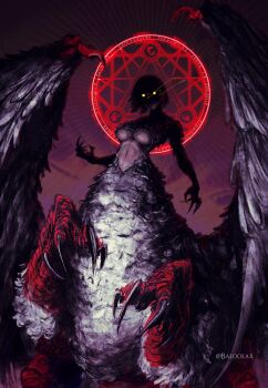 1girl absurdres baloolax breasts centauroid dark dungeon_meshi falin_touden falin_touden_(chimera) feathered_wings glowing glowing_eyes highres magic_circle monster_girl navel outdoors shaded_face solo talons taur underboob wings