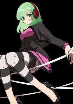 black_background black_dress black_jacket black_pantyhose cropped_jacket dress green_eyes green_hair high_heels highres jacket pantyhose phonon_(under_night_in-birth) pink_skirt short_hair simple_background sitting skirt tierra_misu under_night_in-birth white_pantyhose