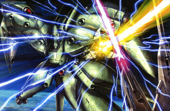 1980s_(style) absurdres artist_request battle beam_cannon crossed_swords duel earth_(planet) earth_federation electricity energy energy_sword glowing gundam gundam_0083 gundam_gp-03_dendrobium gundam_perfect_file highres in_orbit machinery mecha mecha_focus mobile_armor neue_ziel no_humans official_art oldschool planet retro_artstyle robot scan scene_reference science_fiction sword weapon zeon