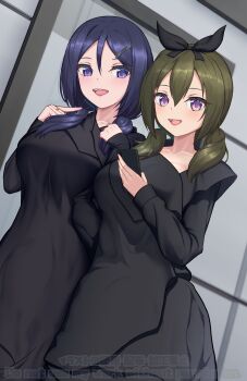 2girls absurdres assault_lily black_bow black_dress blurry blurry_background blush bow breasts cellphone collarbone commentary_request cowboy_shot dress dutch_angle green_hair hair_between_eyes hair_bow hair_ornament hairclip hand_on_own_chest hand_up hands_up highres holding holding_phone jewelry juliet_sleeves large_breasts locked_arms long_hair long_sleeves looking_at_viewer low_twintails multiple_girls open_mouth outdoors phone puffy_sleeves purple_eyes purple_hair ring side-by-side sleeves_past_wrists smartphone smile standing teeth twintails twitter_username ueharu upper_teeth_only watanabe_akane watermark yamanashi_hibari