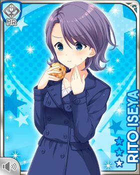 1girl blue_background blue_jacket card_(medium) character_name eating girlfriend_(kari) iseya_rito jacket official_art purple_hair qp:flapper scone solo standing v-shaped_eyebrows