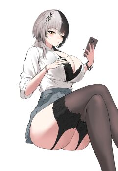 1girl alternate_costume black_bra black_hair black_nails black_thighhighs bra breasts cellphone cleavage crossed_legs garter_straps grey_hair gyaru hair_ornament highres holding holding_phone hololive hololive_english invisible_chair kogal lace lace-trimmed_bra lace_trim large_breasts long_hair looking_at_phone looking_at_viewer mulhubs multicolored_hair phone shiori_novella shirt simple_background sitting skirt smartphone solo split-color_hair thighhighs two-tone_hair underwear virtual_youtuber white_background white_shirt yellow_eyes