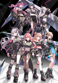 6+girls ahoge asymmetrical_legwear bare_shoulders black_boots black_hat black_leg_warmers black_pants black_pantyhose black_shorts black_skirt black_socks black_tank_top blonde_hair blue_hair blue_skirt boots breasts brown_hair butterfly_hair_ornament closed_mouth fishnet_socks fishnets floating_hair full_body grey_hair grey_leg_warmers grey_shirt grey_socks hair_bun hair_ornament hand_on_own_hip hat highres idios igarashi_rika ishigami_nozomi jacket kaburaki_roco koshimizu_toru kuramochi_meruto leg_warmers long_hair long_sleeves loose_socks midriff miniskirt mismatched_legwear multicolored_hair multiple_girls multiple_thigh_straps navel nijisanji off_shoulder official_alternate_costume official_art okuma_mai orange_hair pants pantyhose parted_lips pencil_skirt pink_hair pleated_skirt ponytail second-party_source shirt shishido_akari shorts skirt sleeveless sleeveless_shirt smile socks sophia_valentine streaked_hair tank_top thigh_strap torn_clothes torn_pantyhose two-sided_fabric two-sided_jacket very_long_hair virtual_youtuber