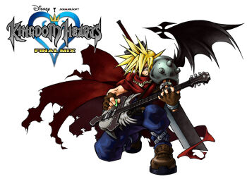 1boy archived_source armor bad_link belt black_wings blue_pants brown_gloves brown_shoes buster_sword cape chain chain_around_neck closed_mouth cloud_strife crossed_belts crown_ornament demon_wings final_fantasy final_fantasy_vii fingerless_gloves full_body gloves gold_chain grey_belt guitar holding holding_guitar holding_instrument holding_plectrum huge_weapon impasto instrument key kingdom_hearts leg_belt legs_apart len_(a-7) male_focus music on_one_knee pants pauldrons playing_instrument plectrum red_cape shoes shoulder_armor simple_background single_pauldron single_wing smile solo spiked_hair split_mouth square_enix tall_hair torn_cape torn_clothes v-shaped_eyebrows weapon white_background wings yellow_eyes