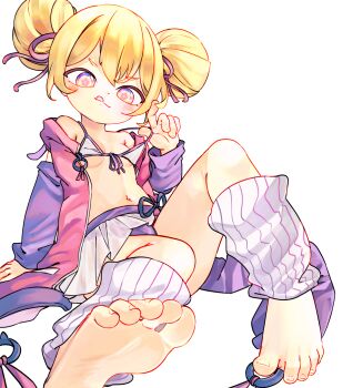 1girl :q barefoot bikini blonde_hair breasts chaosexceed closed_mouth commentary double_bun english_commentary front-tie_bikini_top front-tie_top hair_bun highres jacket leg_warmers long_sleeves miniskirt original paid_reward_available pleated_skirt purple_eyes purple_jacket short_hair simple_background skirt small_breasts soles solo swimsuit toes tongue tongue_out white_background white_bikini white_skirt