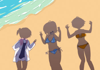 3girls ahoge beach bikini blue_bikini blue_one-piece_swimsuit commentary_request dressed_shadow_(meme) drop_shadow highres jacket komari_chika make_heroine_ga_oo_sugiru! meme multiple_girls one-piece_swimsuit ori_hasamu outdoors shadow short_hair swimsuit v water white_jacket yakishio_lemon yanami_anna yellow_bikini