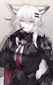 1girl absurdres animal_ears arknights black_gloves breasts commentary english_commentary gloves grey_eyes hair_ornament hairclip highres lappland_(arknights) large_breasts long_hair looking_at_viewer official_alternate_costume parted_lips samip scar scar_across_eye scar_on_face smile solo wolf_ears