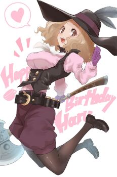 1girl ascot axe belt belt_buckle black_belt black_hat black_pantyhose black_shoes breasts brown_eyes brown_hair buckle character_name commentary_request english_text gloves happy_birthday hat hat_feather highres holding holding_axe holding_weapon kurosususu large_breasts large_hat long_sleeves noir_(persona_5) okumura_haru open_mouth pantyhose persona persona_5 purple_gloves shoes short_hair smile solo teeth upper_teeth_only weapon white_ascot