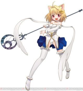 1girl ahoge animal_ear_fluff animal_ears arcueid_brunestud artist_request bare_shoulders blue_skirt blush boots breasts cat_ears choker cleavage commentary_request crescent crescent_hair_ornament dengeki_online detached_sleeves dress fighting_stance full_body gold_trim hair_ornament hecate's_staff_(fate) holding holding_staff looking_at_viewer magical_girl miniskirt panties phantas-moon red_eyes skirt smile source_request staff thigh_boots third-party_source tsukihime underwear white_boots white_dress white_panties