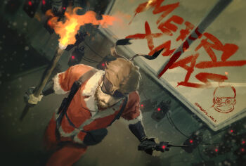 Rule 34 | 1boy, beard, black gloves, brown hair, c4, connected beard, explosive, eyepatch, facial hair, fingerless gloves, fire, gloves, highres, holding, holding detonator, holding torch, male focus, merry christmas, metal gear (series), metal gear solid v: the phantom pain, santa costume, saru getchu, short hair, solo, souyuu, torch, venom snake, winter