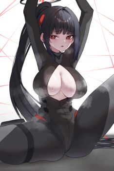 1girl ae_(namg3888) arms_up black_bodysuit black_hair black_halo blue_archive blunt_bangs blush bodysuit bound bound_wrists breasts bright_pupils collarbone commentary hair_ornament halo highres holster impossible_bodysuit impossible_clothes large_breasts latex latex_bodysuit long_hair looking_at_viewer multicolored_halo official_alternate_costume official_alternate_hairstyle open_bodysuit open_clothes parted_lips partially_unzipped ponytail red_eyes restrained ringed_eyes rio_(armed)_(blue_archive) rio_(blue_archive) sidelocks sitting skin_tight skindentation solo stationary_restraints steaming_body sweat thigh_holster two-tone_halo very_long_hair white_background white_pupils