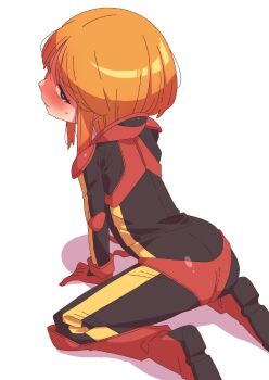 1girl absurdres ass black_bodysuit blush bodysuit boots bright_pupils commentary_request from_behind full_body gloves gundam gundam_zz hands_on_ground highres kneeling long_sidelocks looking_at_viewer looking_back mecha_pilot_suit multicolored_bodysuit neo_zeon onimaru_(onimal7802) orange_hair purple_eyes puru_two red_bodysuit red_boots red_gloves short_hair sidelocks solo sweat two-tone_bodysuit white_pupils