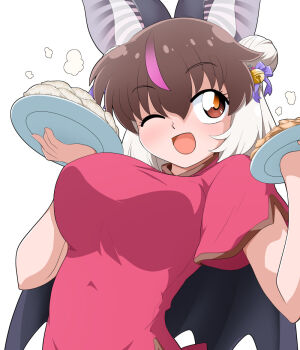 Rule 34 | 1girl, animal ears, bat ears, bat girl, bat wings, bioroid hei, breasts, brown eyes, brown hair, brown long-eared bat (kemono friends), chinese clothes, extra ears, food, grey hair, hair ornament, kemono friends, kemono friends v project, large breasts, long hair, looking at viewer, multicolored hair, one eye closed, simple background, solo, streaked hair, tray, upper body, virtual youtuber, wings