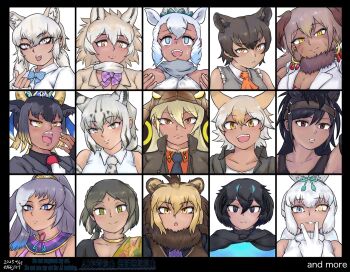 6+girls :< :o animal_ears arm_up ascot barbary_lion_(kemono_friends) bare_shoulders basilosaurus_isis_(kemono_friends) bindi black_border black_hair black_sports_bra blonde_hair blue_eyes blue_hair bobcat_(kemono_friends) border bow bowtie breasts bridle brown_eyes brown_hair brown_thoroughbred_(kemono_friends) cat_ears cleavage closed_mouth collared_jacket collared_shirt cow_ears cow_horns coyote_(kemono_friends) crying crying_with_eyes_open dark-skinned_female dark_skin dated drill_hair drill_sidelocks earrings elbow_gloves empty_eyes expressionless extra_ears facial_mark fang fangs finger_to_mouth fins fossa_(kemono_friends) fur_scarf gharial_(kemono_friends) gloves goshingyu-sama_(kemono_friends) green_eyes grey_hair hair_between_eyes hair_bun hairband hand_up head_fins head_tilt heterochromia high_collar highres hoop_earrings horizontal_pupils horns horse_ears jacket japan_racing_association jewelry kemono_friends kemono_friends_3 king_cobra_(kemono_friends) large_breasts light_blush lion_ears lips long_hair looking_at_viewer looking_up multicolored_eyes multicolored_hair multiple_girls neck_ring necktie north_island_giant_moa_(kemono_friends) open_mouth orange_ascot orange_eyes paraceratherium_(kemono_friends) parted_lips plaid_bow plaid_bowtie plaid_clothes rabbit_ears raised_inner_eyebrows rhinoceros_ears saja_(166j357) scarf shirt short_hair sidelocks simple_background single_hair_bun sleeveless sleeveless_shirt slit_pupils smile sports_bra straight-on superb_bird-of-paradise_(kemono_friends) sweater_vest tan tears transvaal_lion_(kemono_friends) tsukuyomi_shinshi_(kemono_friends) tundra_wolf_(kemono_friends) twintails two-tone_hair upper_body white_background white_eyes white_hair white_shirt wing_collar wolf_ears yawning yellow_eyes