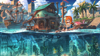 Rule 34 | 1girl, ahoge, barrel, blue eyes, boat, castle, fish, fishing, fishing line, fishing rod, highres, holding, holding fishing rod, house, jellyfish, long hair, low twintails, low wings, manta ray, nagi itsuki, orange hair, original, palm tree, pointy ears, raft, ruins, sail, sandals, seaweed, shark, ship, solo, stairs, tree, twintails, watercraft, wings