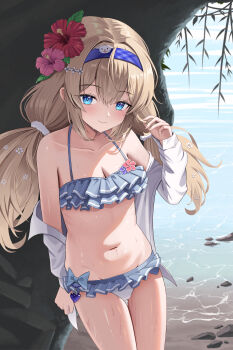 Rule 34 | 1girl, absurdres, bare shoulders, bikini, blue bikini, blue eyes, blue hairband, breasts, brown hair, cave, cleavage, closed mouth, collarbone, cowboy shot, day, flower, frilled bikini, frills, hair between eyes, hair flower, hair ornament, hairband, hairclip, highres, junma art, long hair, long sleeves, looking at viewer, navel, ocean, off shoulder, open clothes, open shirt, original, outdoors, petite, shirt, sidelocks, small breasts, solo, standing, stomach, summer, sweat, swimsuit, thighs, translation request, water, white shirt