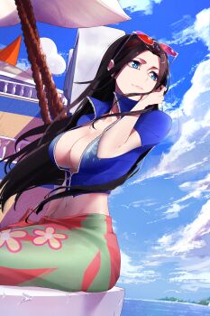 1girl 2023 absurdres black_hair blue_eyes blue_jacket blue_sky boat breasts center_opening chinese_commentary cleavage closed_mouth cloud cloudy_sky commentary_request cropped_jacket eyewear_on_head floral_print floral_print_sarong highres jacket large_breasts long_hair looking_to_the_side midriff navel nico_robin nico_robin_(return_to_sabaody) official_alternate_costume one_piece orange-tinted_eyewear pink_sarong sarong short-sleeved_jacket short_sleeves sitting sky solo sunglasses thousand_sunny tinted_eyewear watercraft wussensei zipper