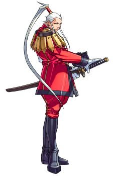 Rule 34 | 1boy, absurdres, armband, black boots, boots, buttons, edaki shin'ya, from side, full body, game cg, gloves, grey hair, high ponytail, highres, holding, holding sheath, imawano hyo, jacket, justice gakuen, katana, knee boots, male focus, military uniform, moero! justice gakuen, non-web source, official art, pants, ponytail, red jacket, red pants, sheath, sheathed, simple background, sleeves rolled up, solo, standing, sword, weapon, white armband, white background, white gloves