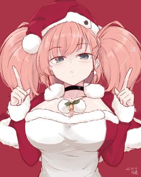 1girl atlanta_(christmas)_(kancolle) atlanta_(kancolle) black_choker breasts brown_hair capelet choker cleavage dated dress earrings fur-trimmed_capelet fur-trimmed_dress fur-trimmed_headwear fur-trimmed_sleeves fur_trim grey_eyes hat highres hikashima_(shiofune) index_finger_raised jewelry kantai_collection large_breasts long_hair looking_at_viewer official_alternate_costume red_background red_capelet red_hat santa_costume santa_dress santa_hat simple_background single_earring solo star_(symbol) star_earrings two_side_up upper_body
