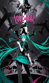 1girl absurdres aircraft airplane aqua_eyes aqua_hair armband arsenixc artist_collaboration black_shirt cable commentary english_commentary floating_hair from_behind from_below grey_hair hair_ornament hatsune_miku headphones headset heart heart_print highres holding holding_cable holding_megaphone jet koi_wa_sensou_(vocaloid) long_hair looking_back megaphone miniskirt open_mouth pantyhose pleated_skirt shirt skirt solo speaker spot_color twintails uqi32 very_long_hair vocaloid